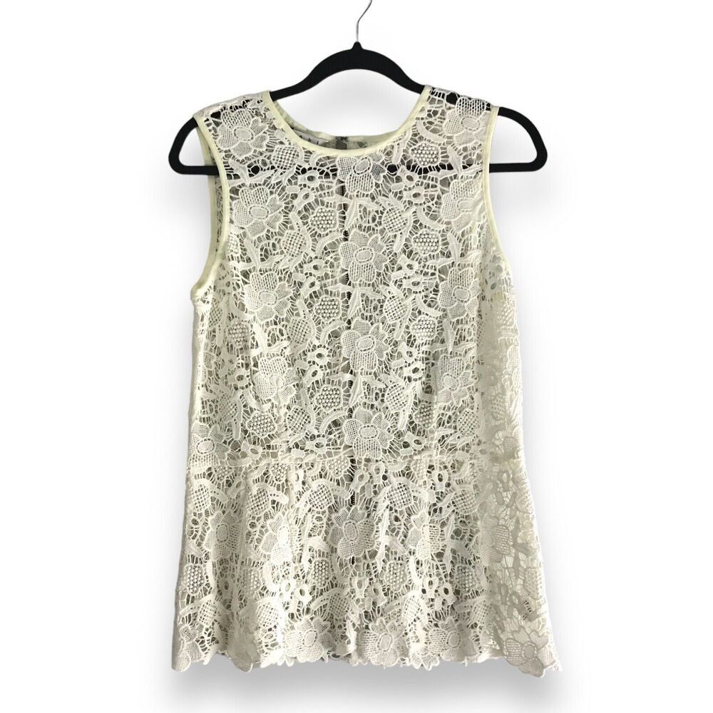 Cabi #800 Size Medium Open Needle Lace Floral Peplum‎ Sheer Tank Exposed Zipper